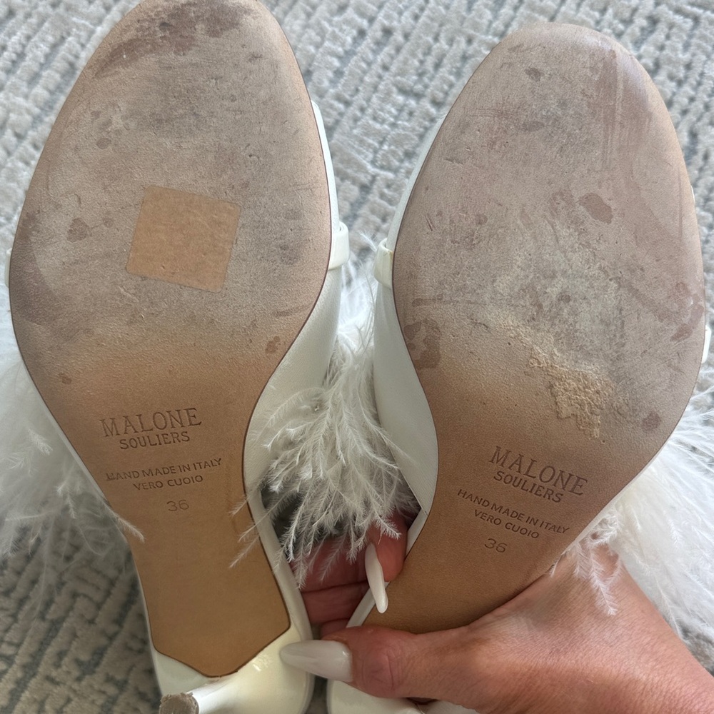 Malone Souliers White Feather-Trim High Heel Mules - Picture 4 of 4